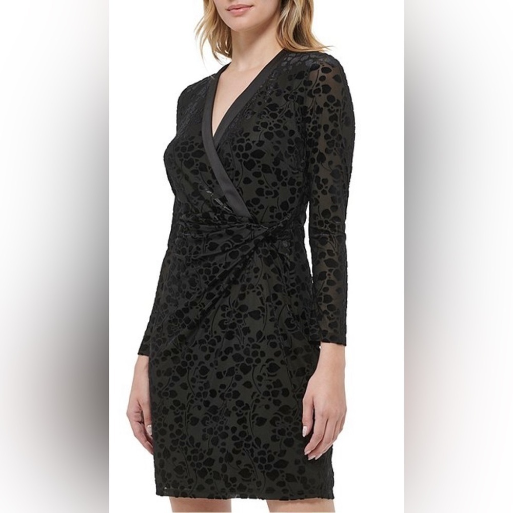 Tommy‎ Hilfiger Women Black Velvet Burnout Floral Faux Wrap Dress 12 NEW